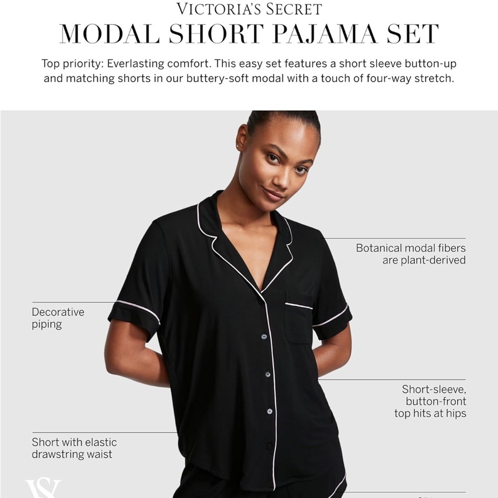 NWT New with Tags Victoria’s Secret Black with Pink Modal Top Shorts Pajama Set - Picture 5 of 5